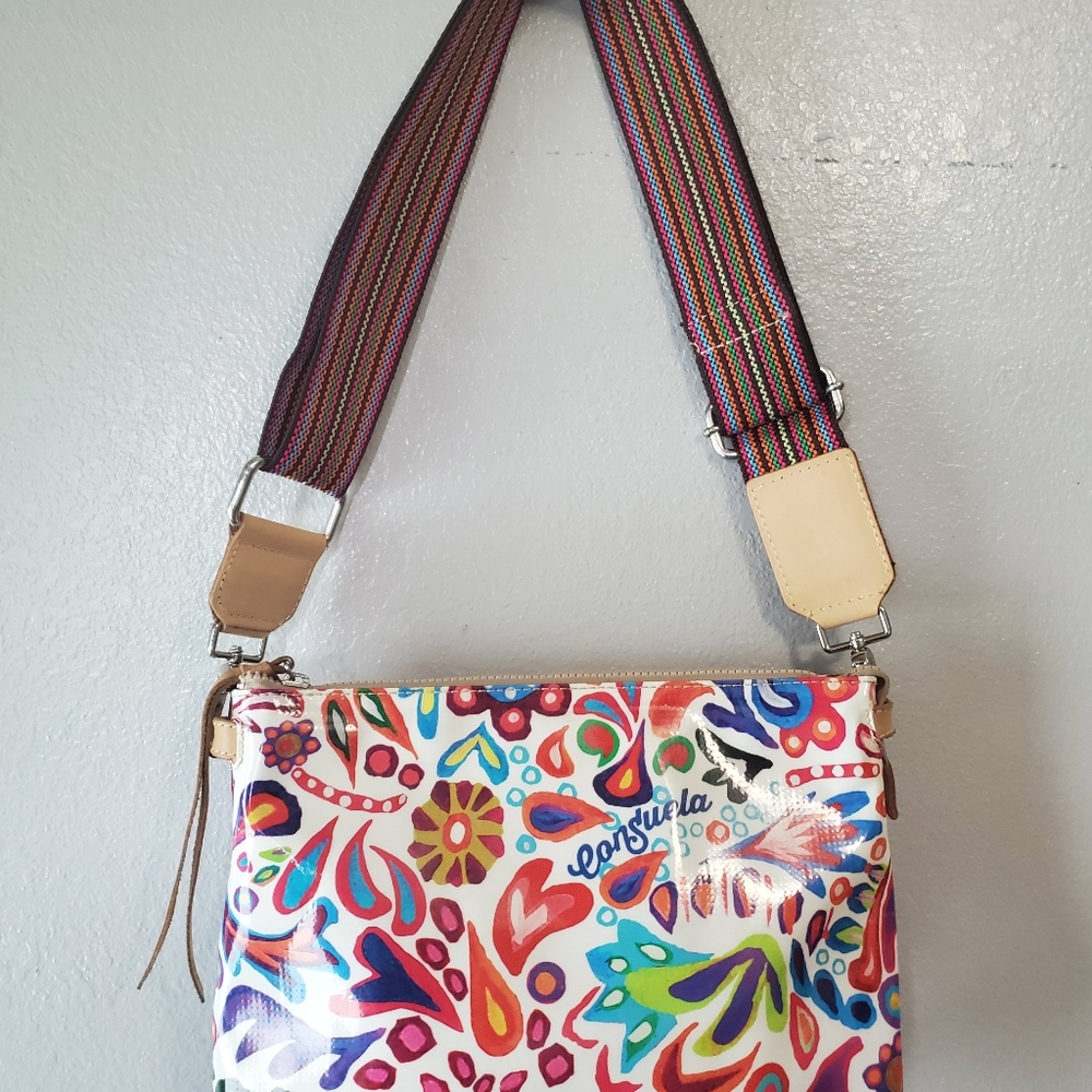 Consuela Multicolor Floral Patent Crossbody Bag with Striped Strap